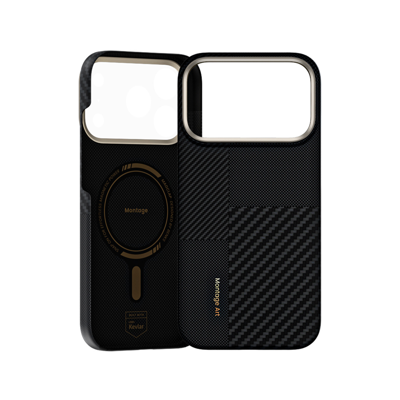 Dos fundas de teléfono negras de fibra de carbono con recortes para cámaras y pantallas.