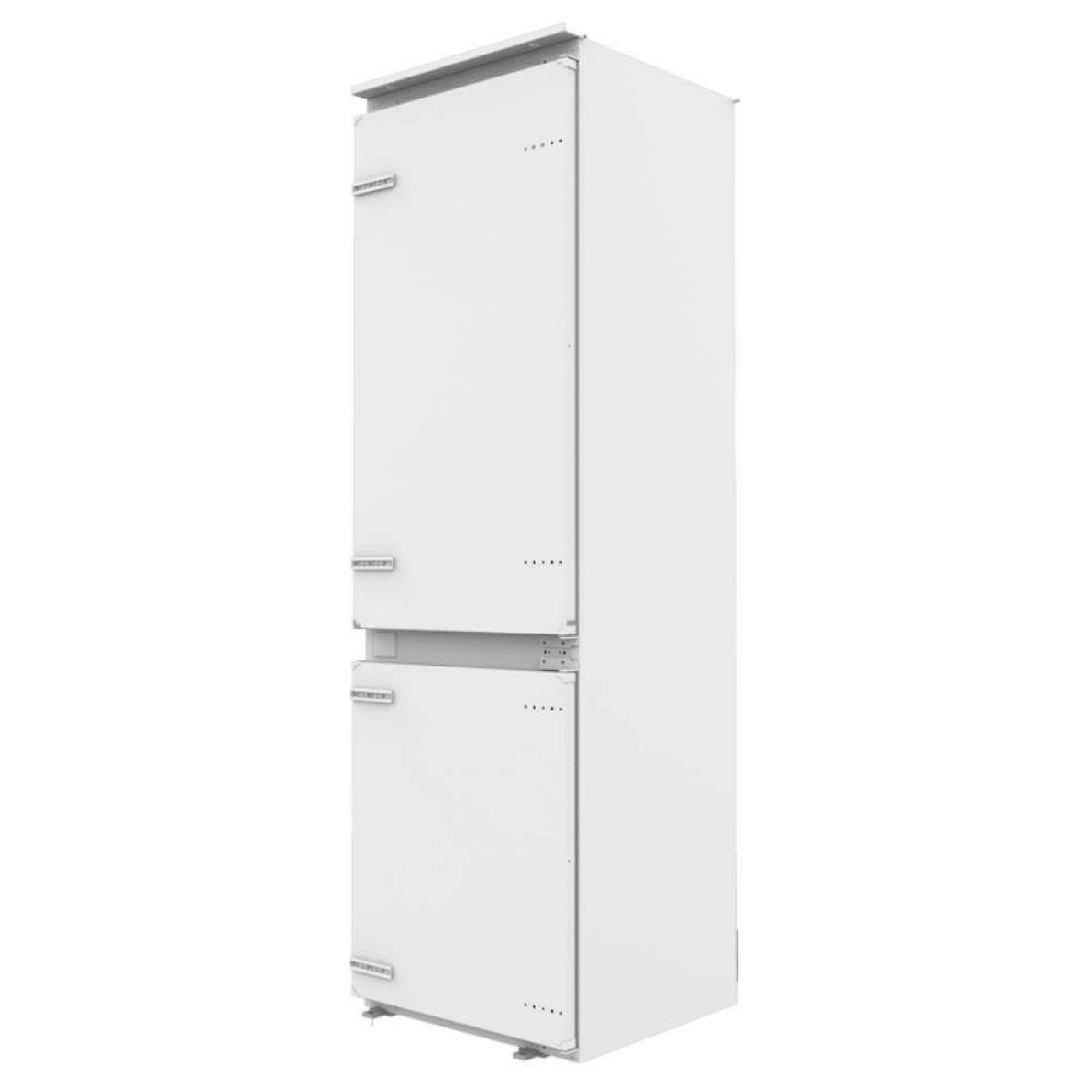 Un armario blanco y alto con dos puertas, de pie sobre una base.