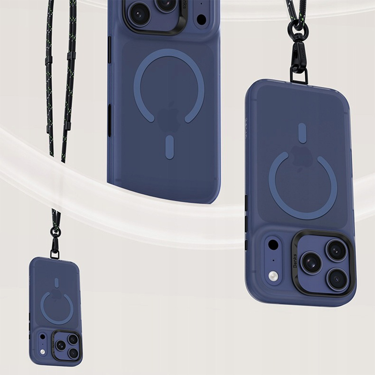 Tres fundas de teléfono azul oscuro con cámaras y cordones sobre fondo claro.