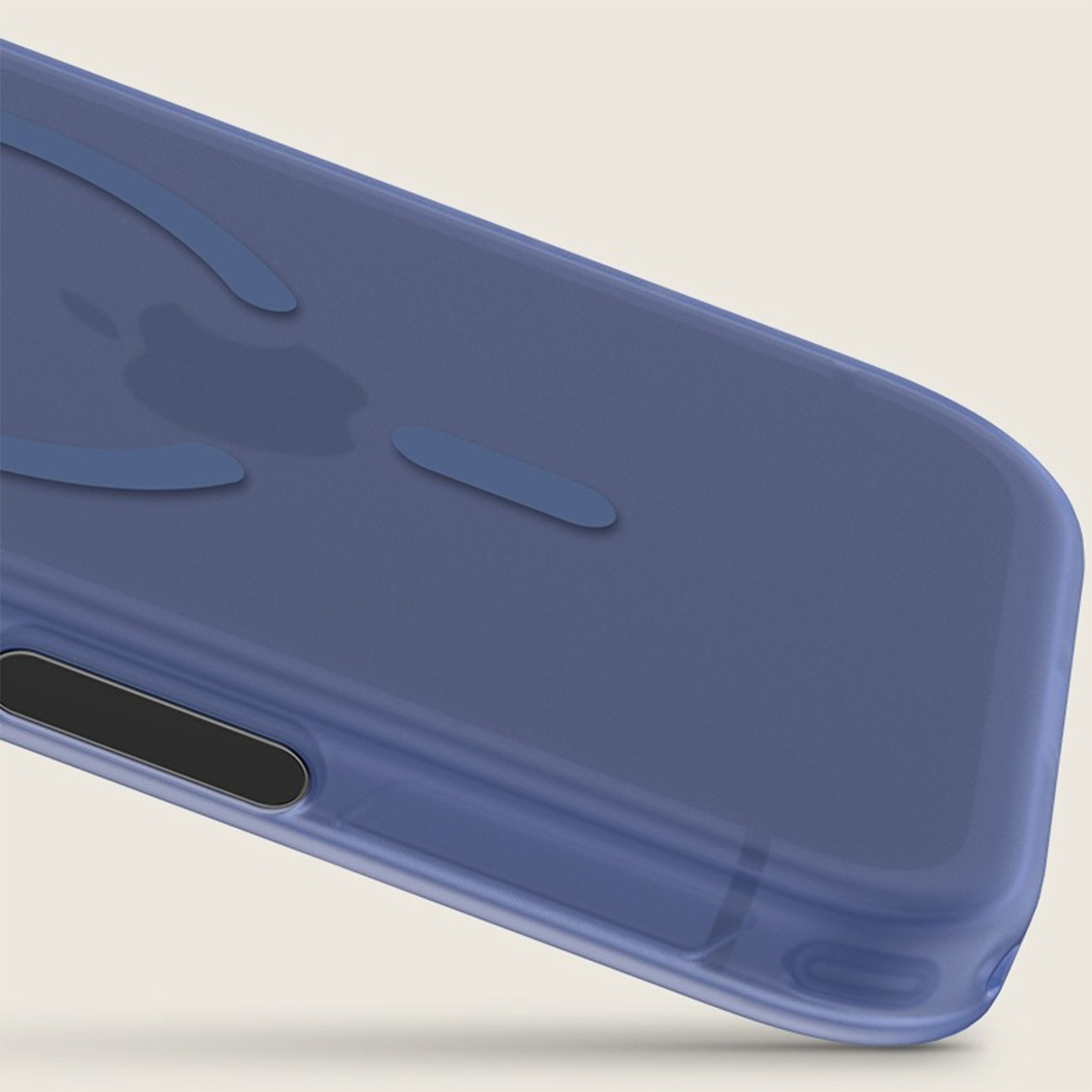Funda de teléfono azul con huella de logo de Apple y recorte de cámara.