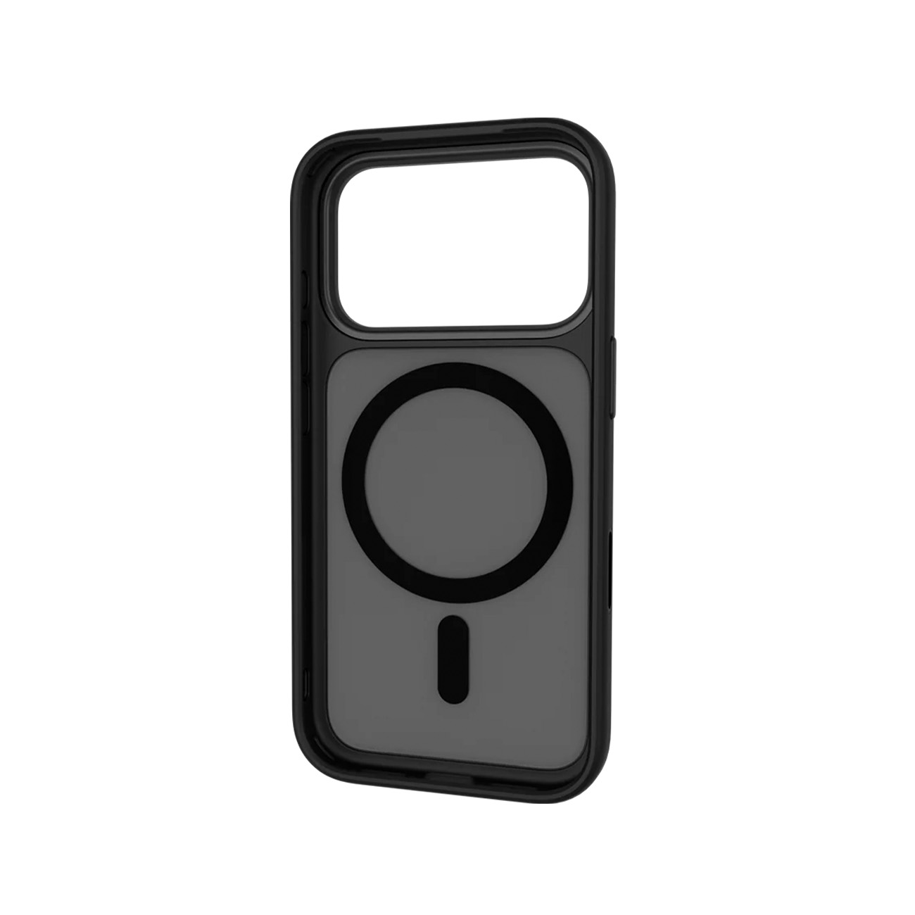Funda negra para teléfono con anillo magnético redondo y una línea vertical.