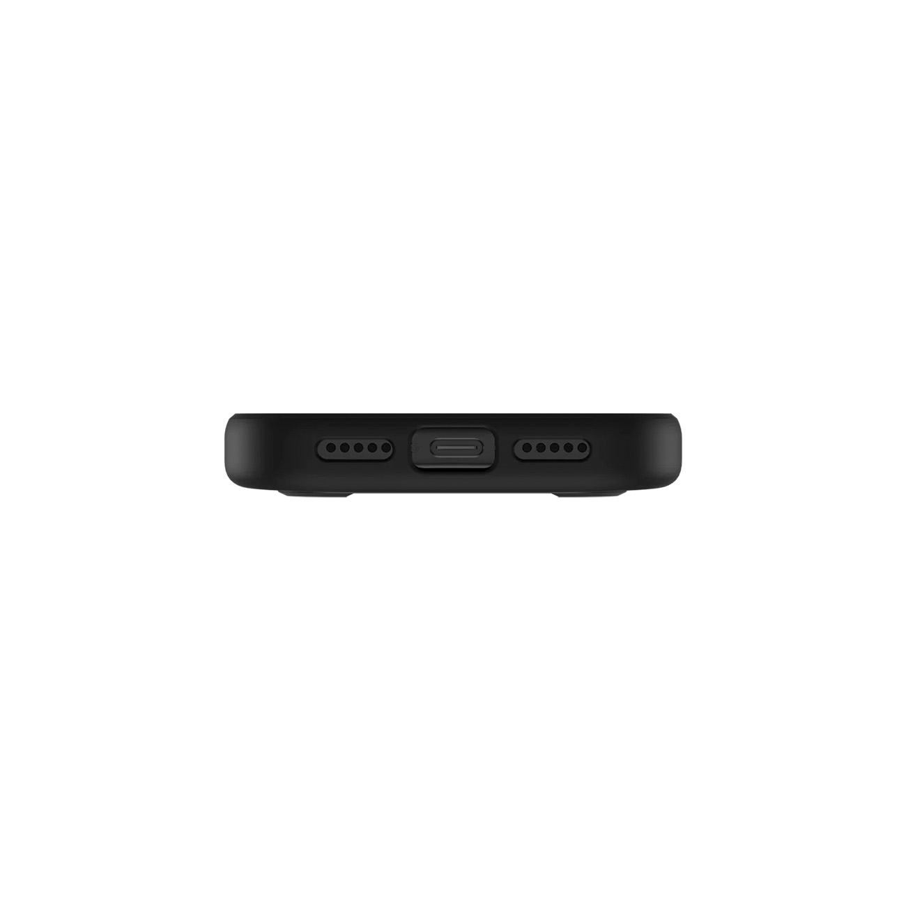 Funda de teléfono negra inferior con puerto de carga y orificios para altavoz.