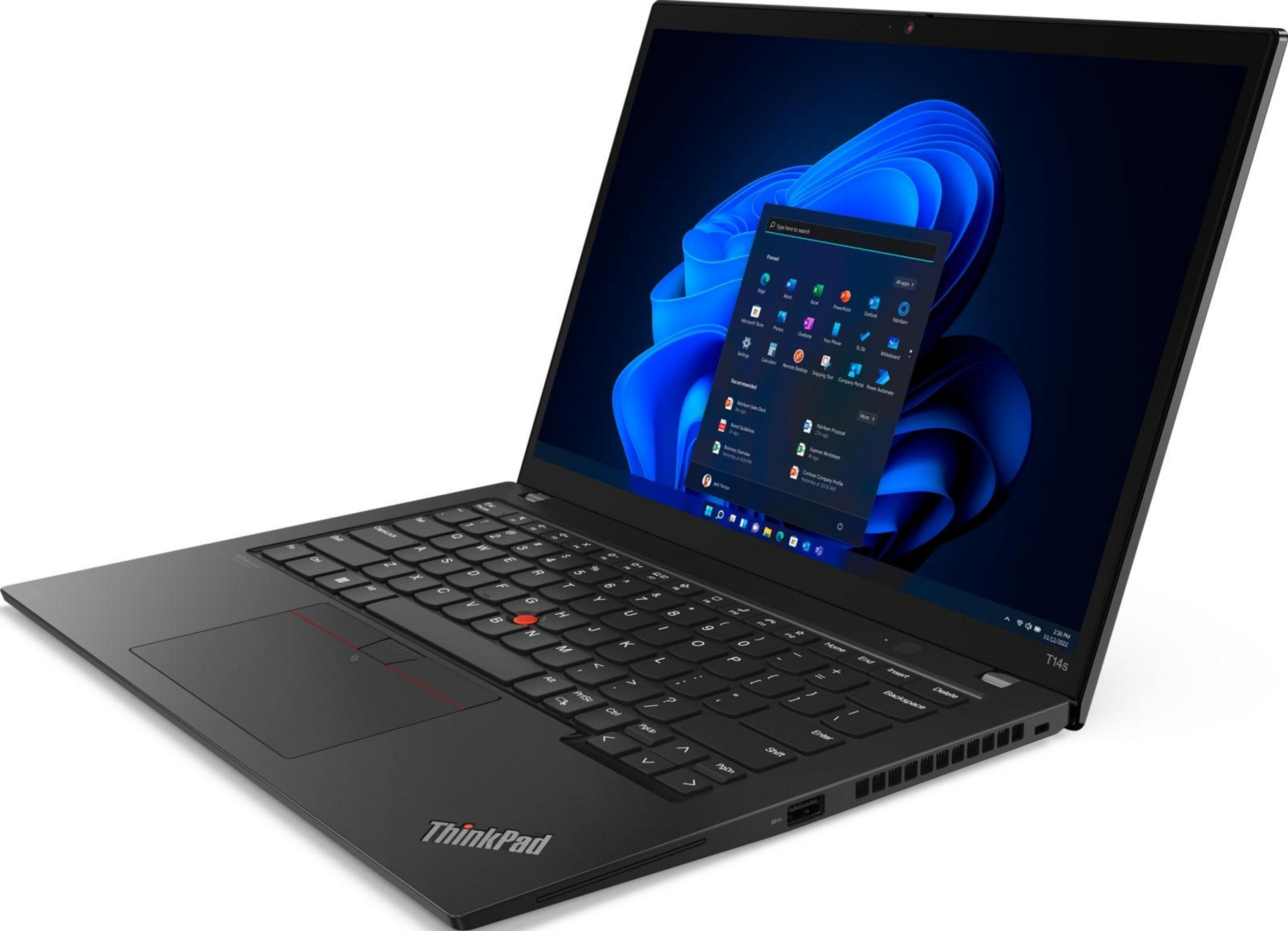 Ein schwarzer Lenovo ThinkPad Laptop mit geöffnetem Display, das Windows 11 zeigt.