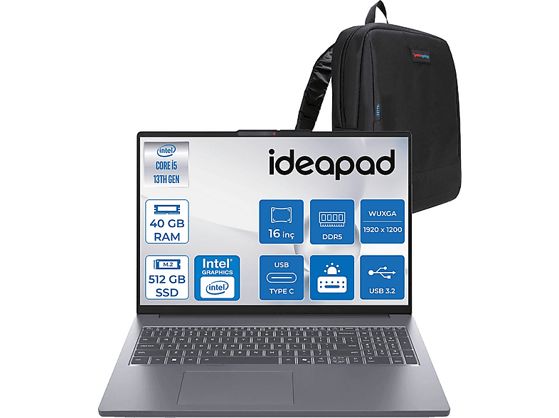 LENOVO IdeaPad Slim 3 16IRH10 WUXGA IPS IP83K20077TRF10 Intel Core i5-13420H 40 GB RAM 512 GB SSD 16 inç FreeDOS Laptop+Çanta Gri