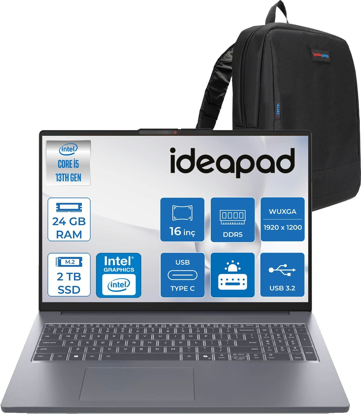 Intel Core i5, 24 GB RAM, 2 TB SSD'li gri Ideapad dizüstü bilgisayar, siyah sırt çantasının yanında.