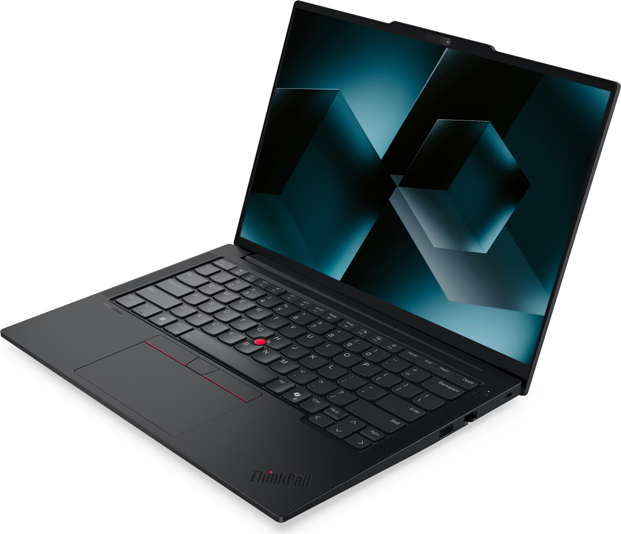 ThinkPad logolu siyah dizüstü bilgisayar, klavye ve ekranı açık.