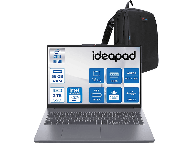 LENOVO IdeaPad Slim 3 16IRH10 IPS IP83K20077TRF16 Intel Core i5-13420H 56 GB RAM 1 TB SSD 16 inç FreeDOS Laptop+Çanta Gri