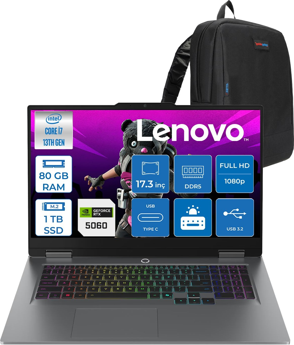 LENOVO LOQ 17IRX10 RTX5060 8GB FHD 165HZ W83JH009UTRF38 Intel Core i7-13700HX 80 GB RAM 1 TB SSD 17,3 inç FreeDOS Laptop+Çanta Gri
