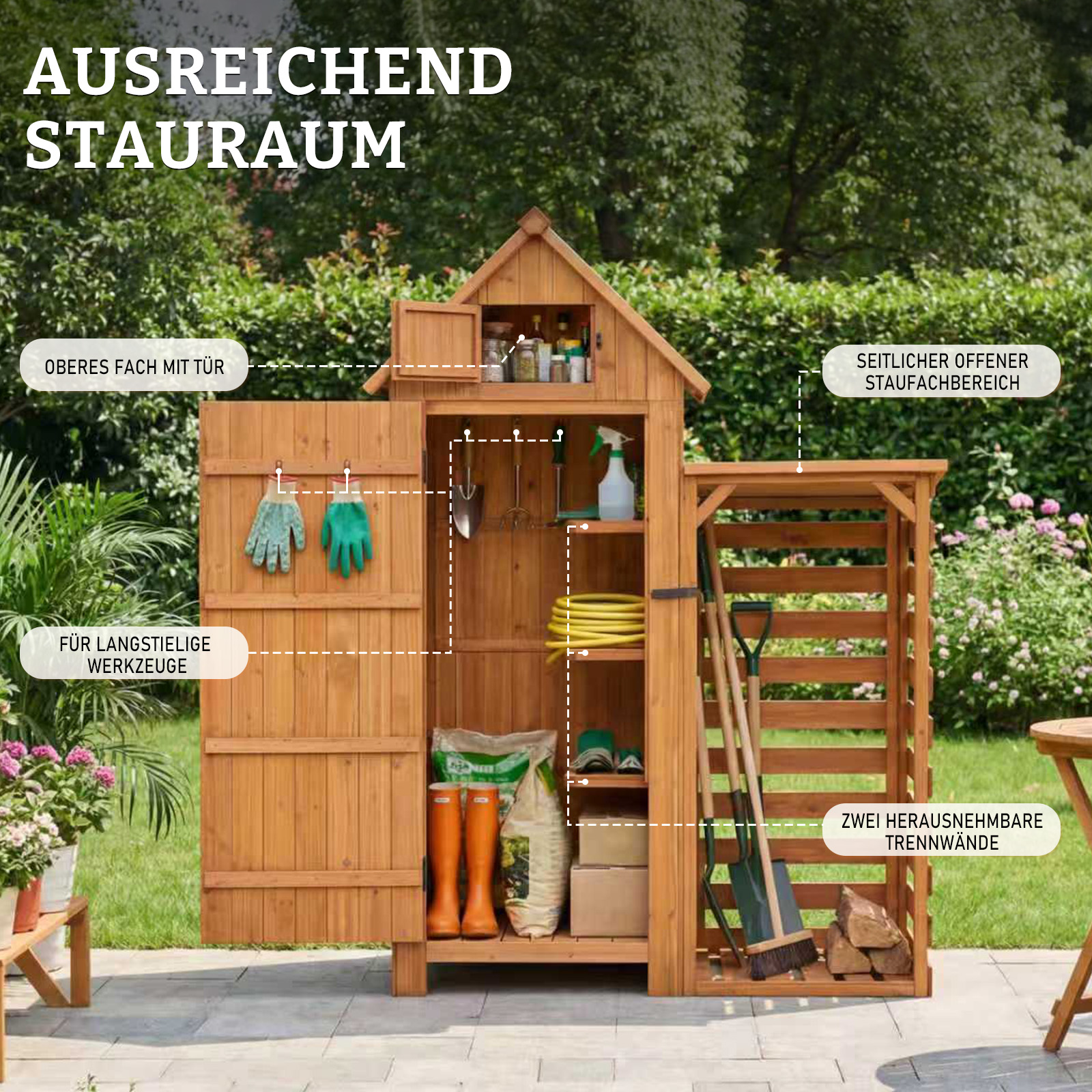 Ein Holzgartenhaus mit offenem und geschlossenem Stauraum, gefüllt mit Gartengeräten.