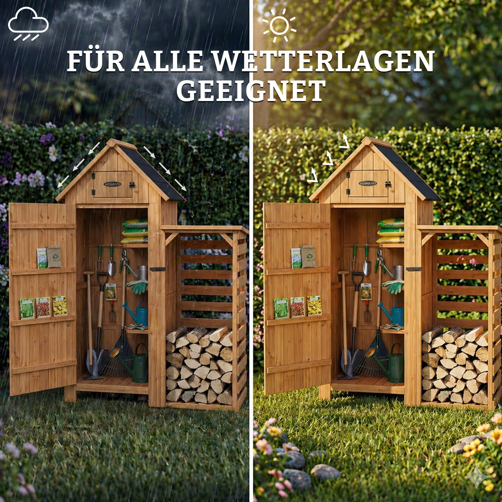 Holzschuppen mit Werkzeugen und Holz, bei Regen und Sonnenschein.