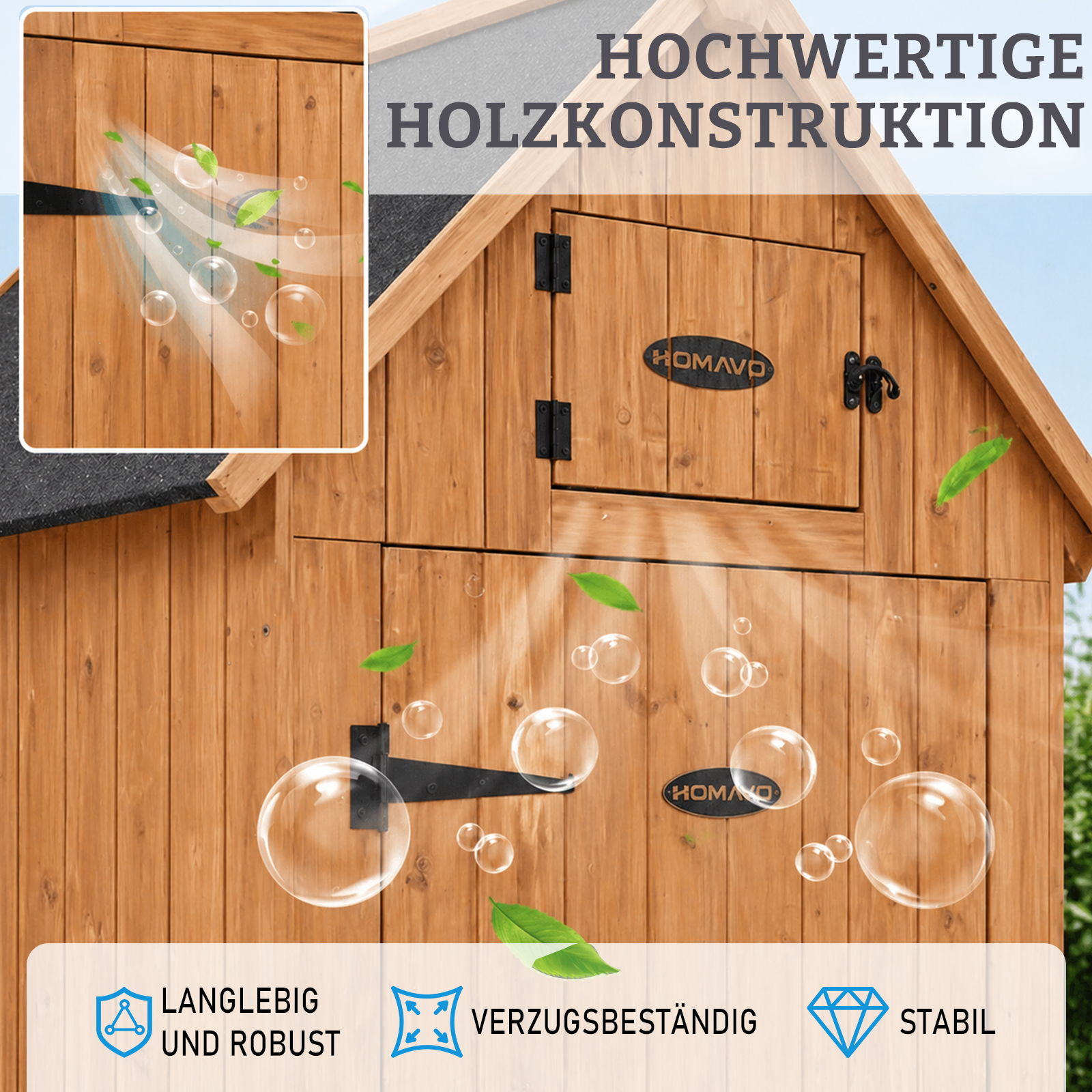 Holzkonstruktion mit Belüftungseffekten, Blättern und Seifenblasen.