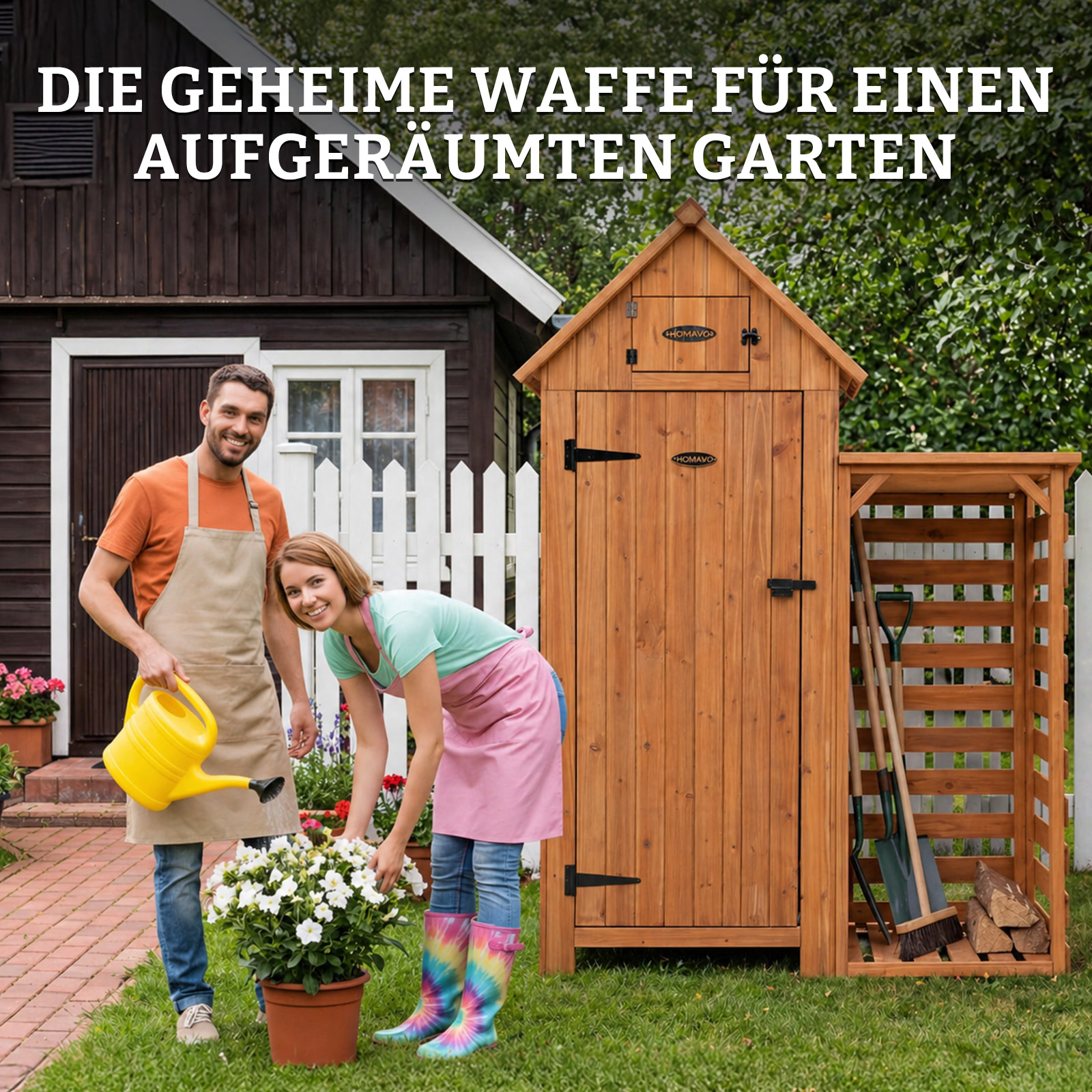 Ein Mann mit Gießkanne und Frau mit Schürze vor einem Holzschuppen.