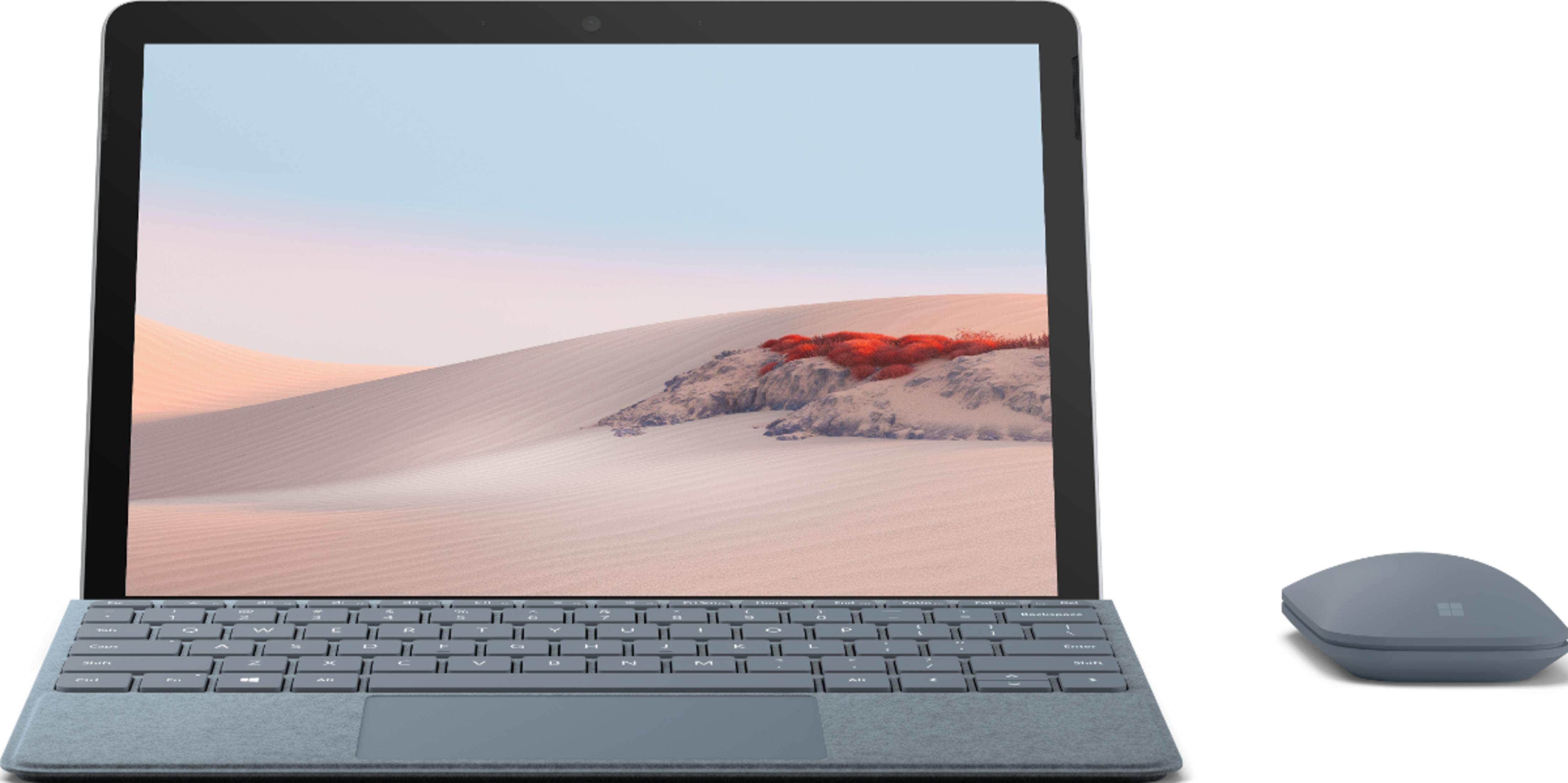 Ein graues Surface-Gerät mit Tastatur und Maus auf weißem Hintergrund.