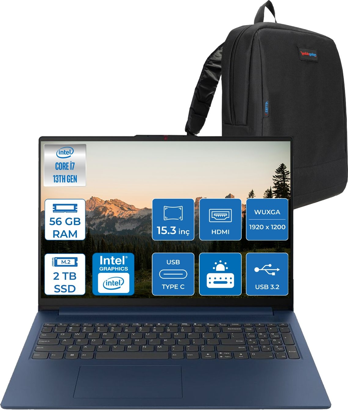 Intel Core i7, 56GB RAM, 2TB SSD, 15.3" ekranlı mavi dizüstü bilgisayar ve sırt çantası.