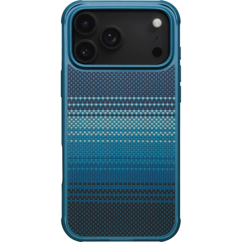 Blaue Handyhülle mit Muster und Kameralinsen.