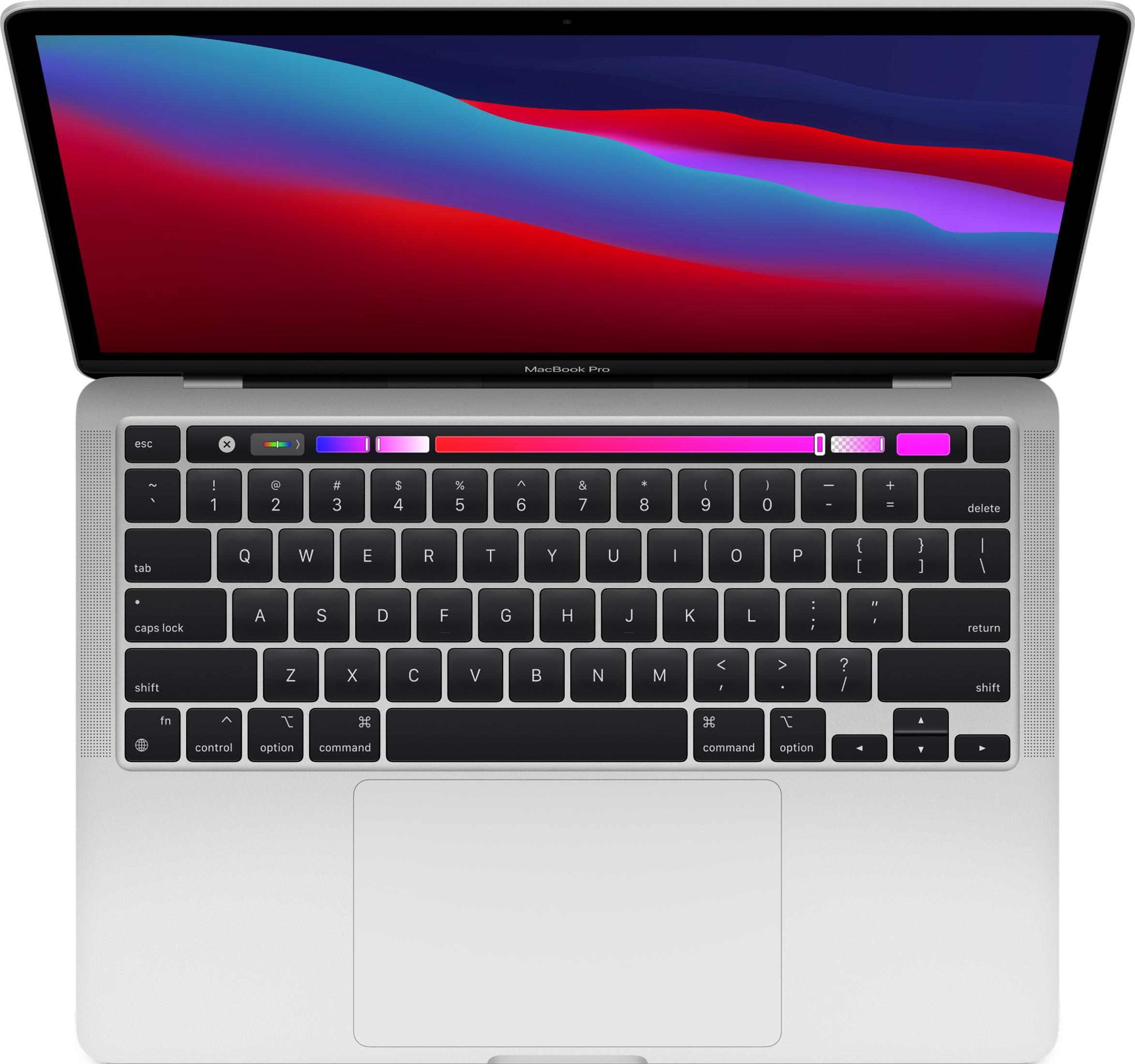 Un MacBook Pro aperto che mostra uno sfondo colorato sul suo schermo.