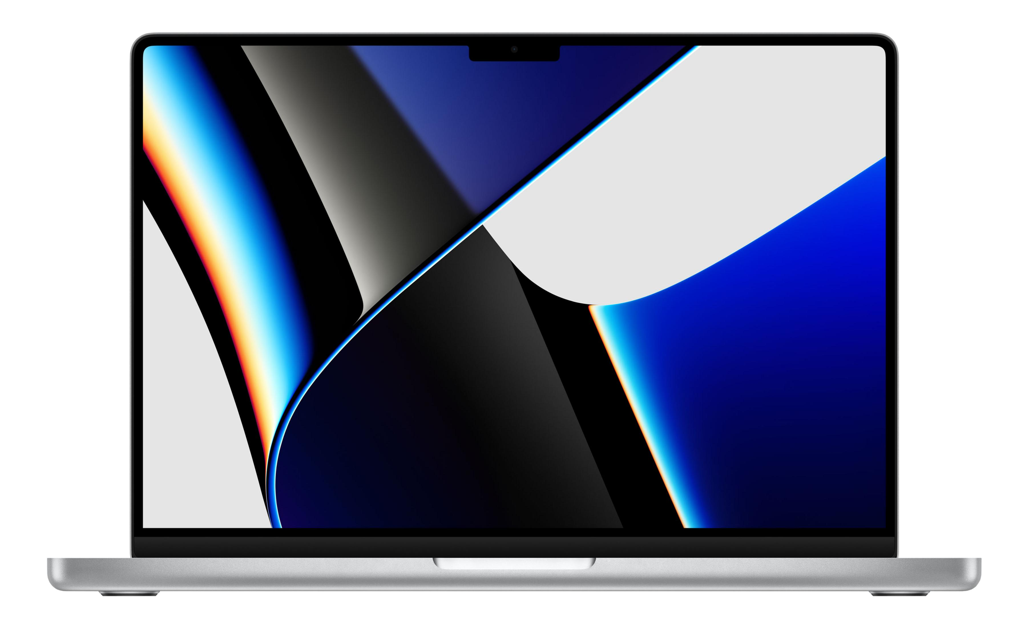 Ein offener silberner Laptop mit einem abstrakten blauen und bunten Hintergrund.