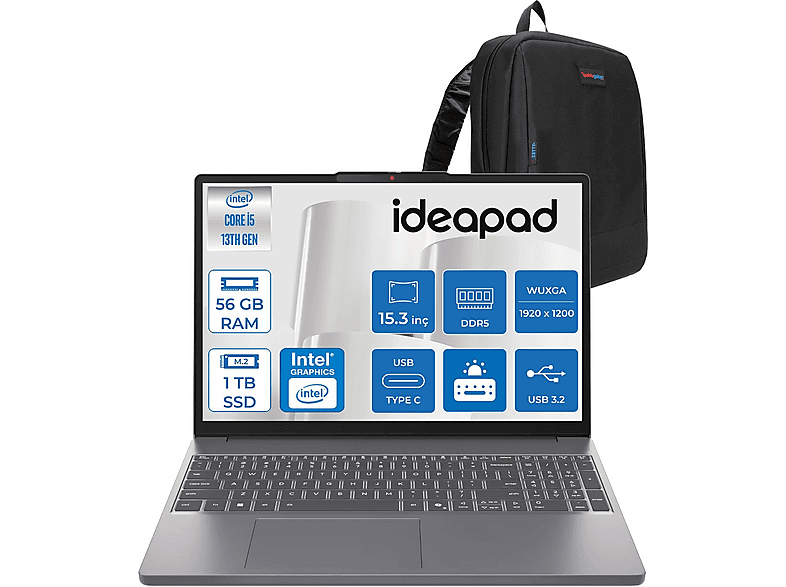LENOVO IdeaPad Slim 3 15IRH10 WUXGA IPS IP83K100Q0TRF15 Intel Core i5-13420H 56 GB RAM 1 TB SSD 15,3 inç FreeDOS Laptop+Çanta Gri