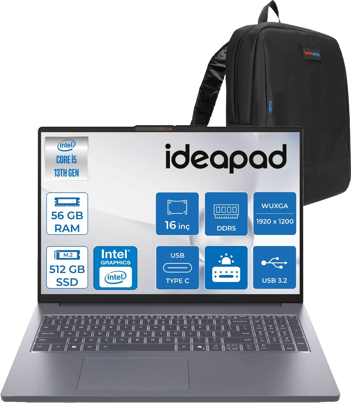 Intel Core i5 13. Nes, 56 GB RAM, 512 GB SSD'li Ideapad dizüstü bilgisayar ve siyah sırt çantası.
