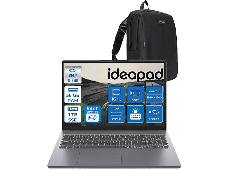 LENOVO IdeaPad Slim 3 16IRH10 WUXGA IPS 300NITS 83K2001VTRF11 Intel Core i7-13620H 56 GB RAM 1 TB SSD 16 inç FreeDOS Laptop+Çanta Gri