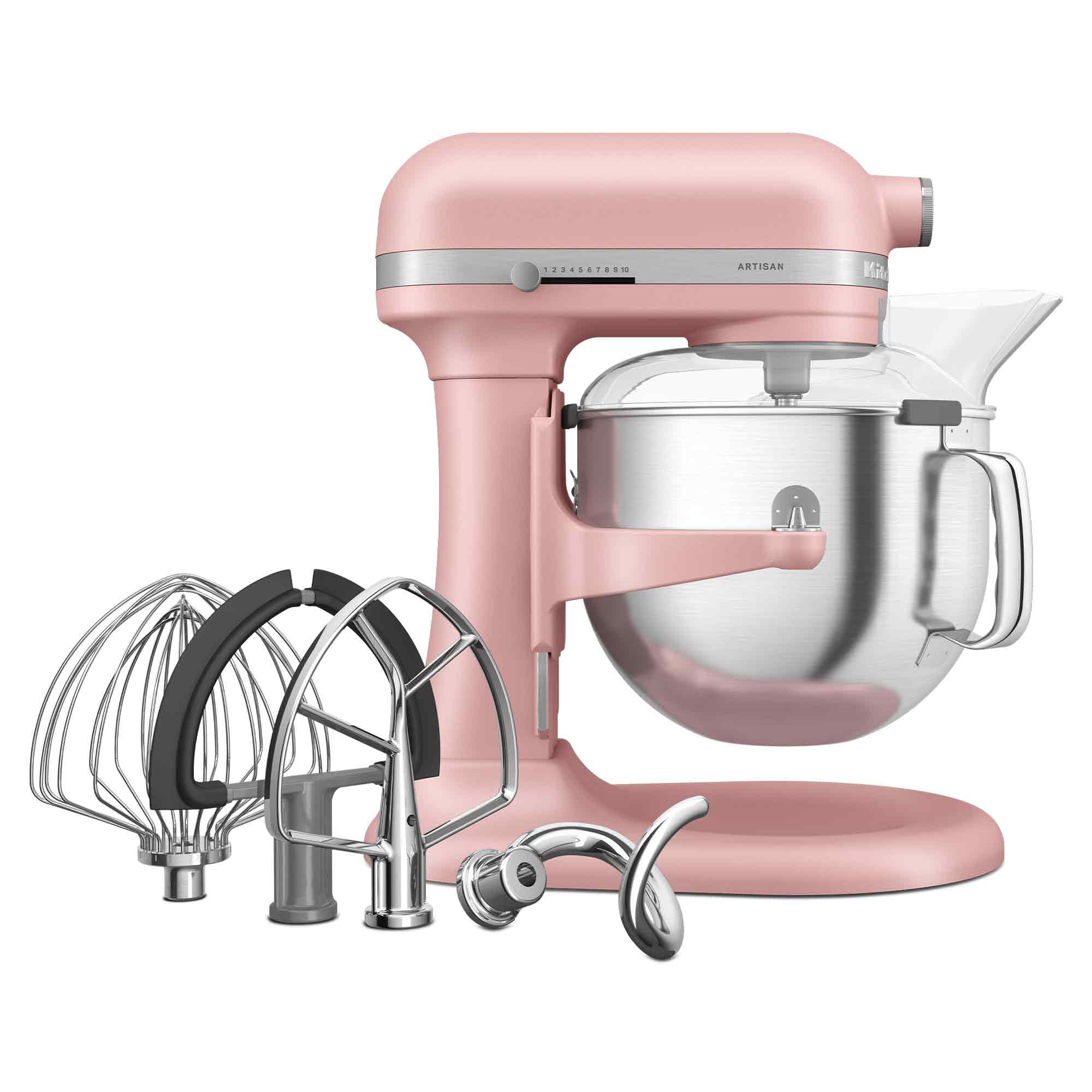 Ein rosafarbener Küchenmaschinen-Standmixer mit Edelstahlschüssel und Zubehör.