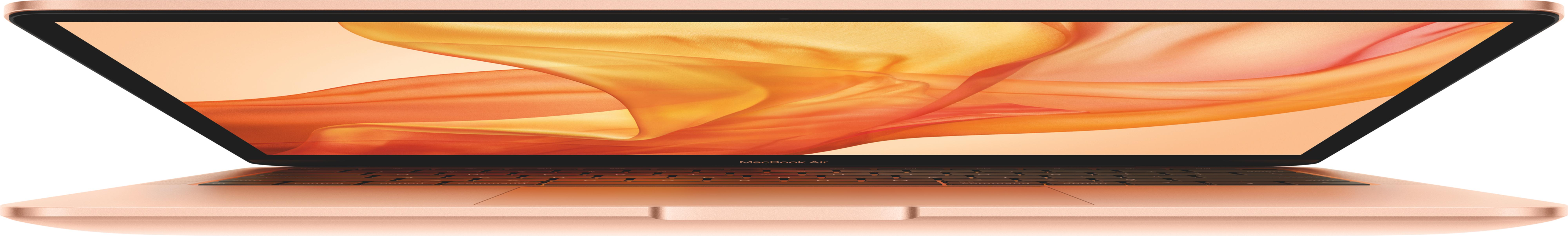 Różowo-złoty MacBook Air, otwarty z abstrakcyjnym tłem.