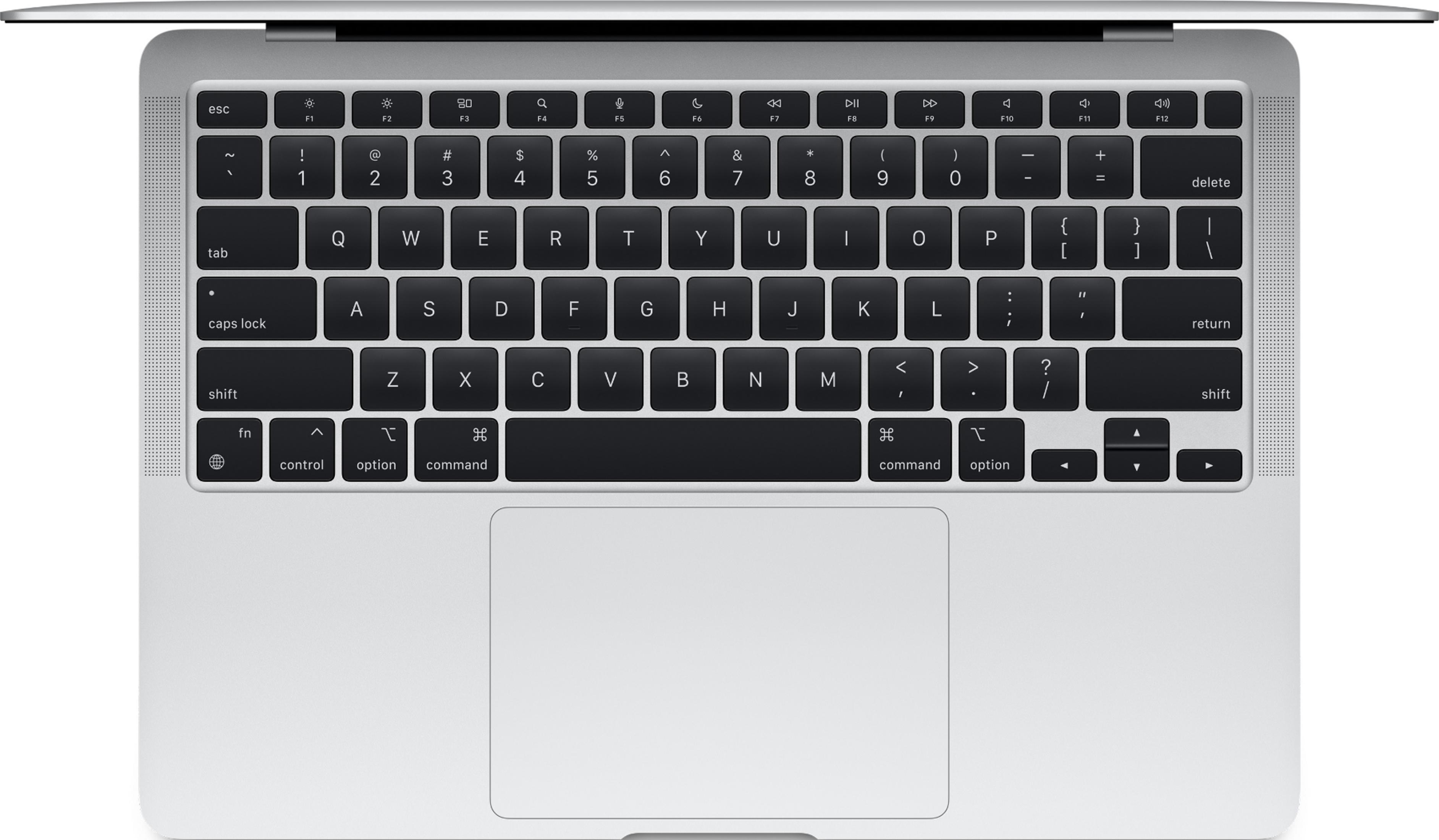 Un ordinateur portable argenté avec clavier et trackpad noirs, vu de dessus.