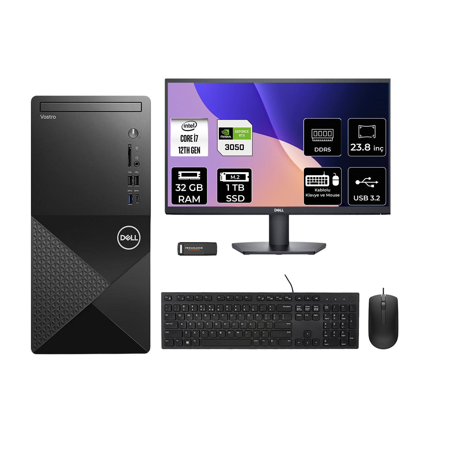 DELL Vostro 3030MT RTX3050/6GB 23.8"N6007VDT3030MTP786 & PER4 Bellek Intel Core i7-12700 32 GB RAM 1 TB SSD FreeDOS Masaüstü Bilgisayar