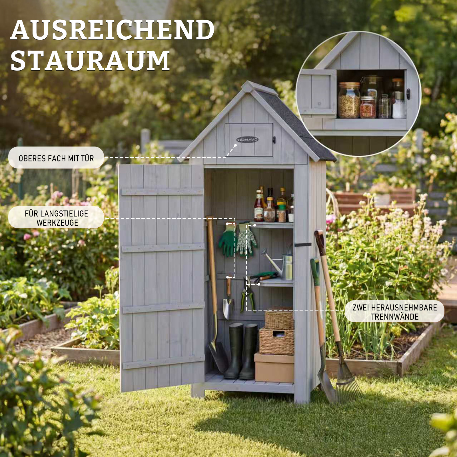 Ein grauer Gartenschrank mit offenen Türen, gefüllt mit Werkzeugen und Vorräten.