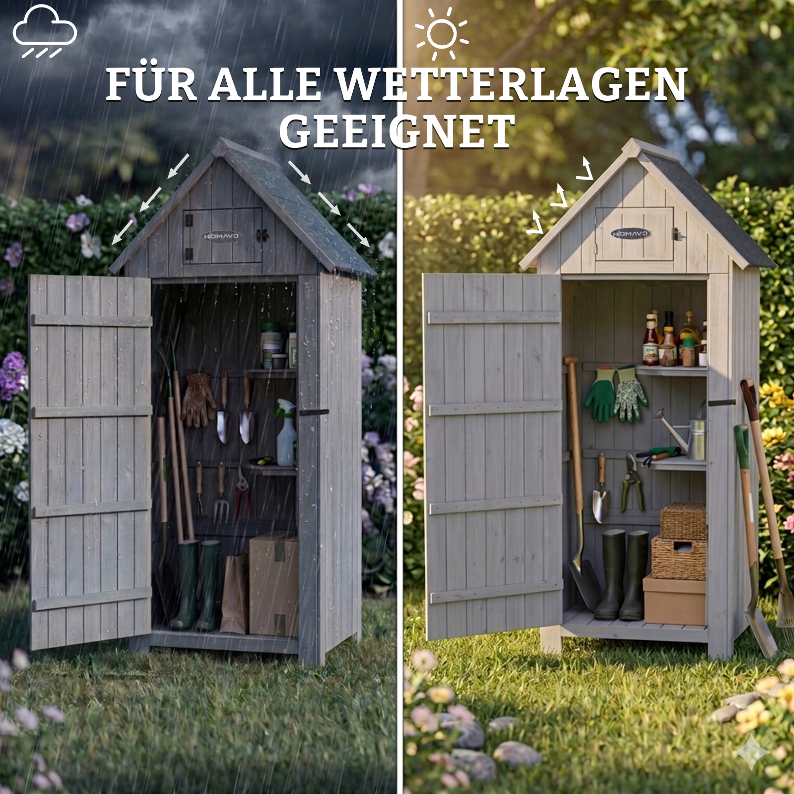 Ein Gartenschrank in Regen und Sonne. Links nass, rechts trocken mit Gartengeräten.