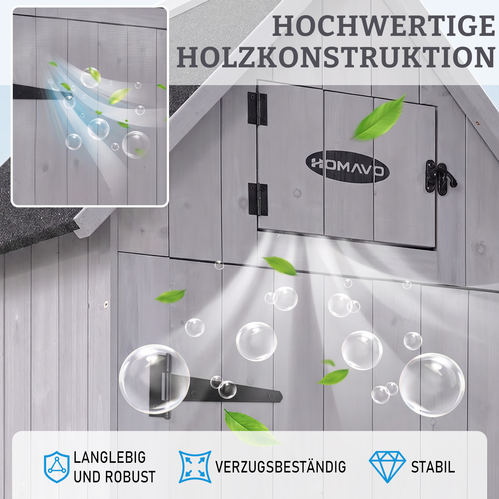 Grauer Holzschuppen mit Lüftungsgrafiken, Blättern und Blasen.