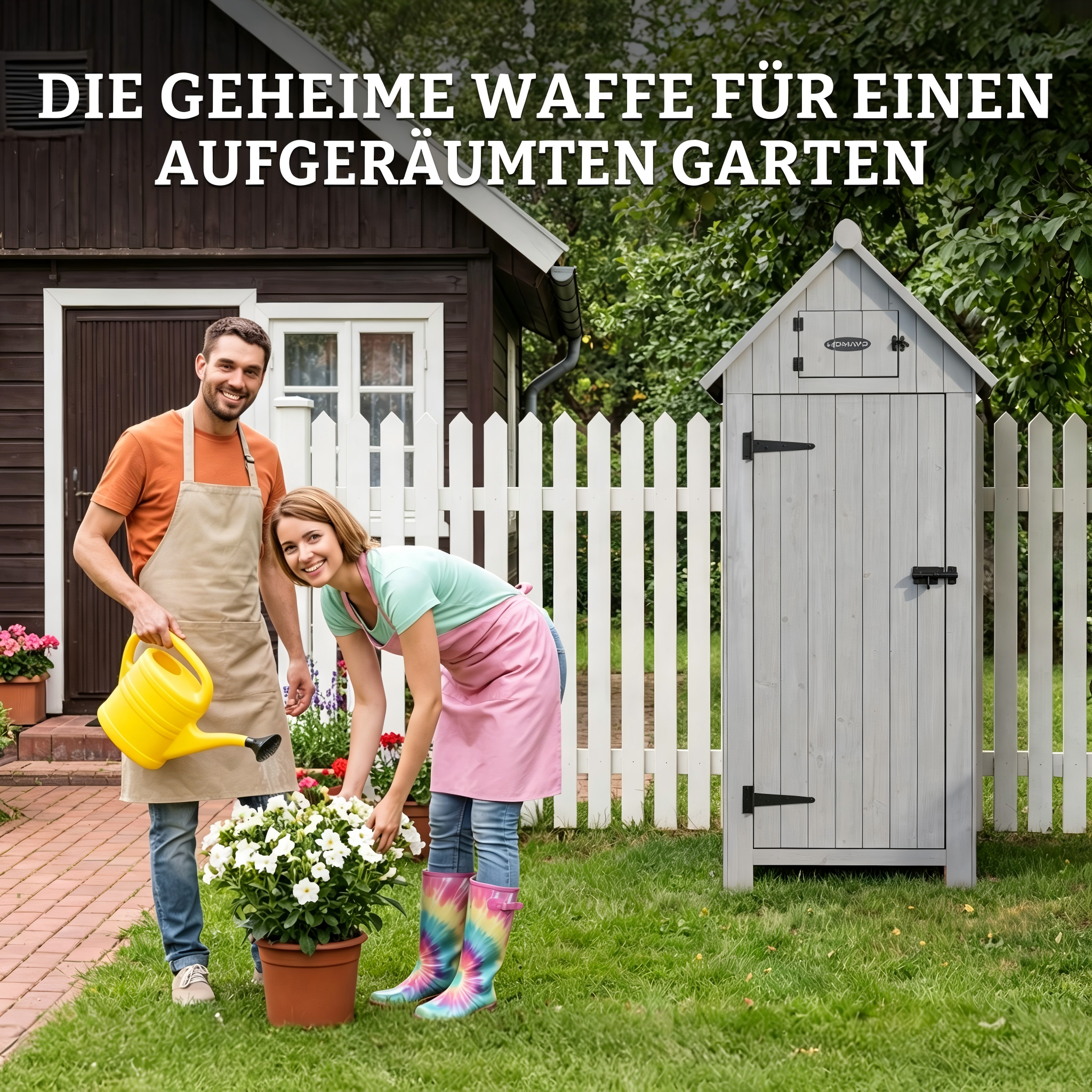 Ein Mann gießt Pflanzen, eine Frau pflegt sie. Ein Schuppen steht im Garten.