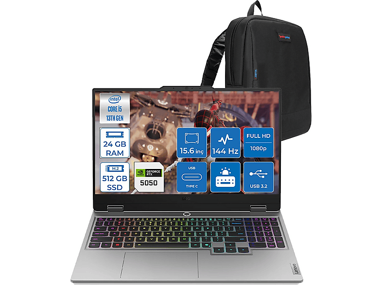 LENOVO LOQ 8GB/RTX5050/100W IPS 83JE00JLTRF05 Intel Core i5-13450HX 24 GB RAM 512 GB SSD 15,6 inç FreeDOS Laptop+Çanta Gri