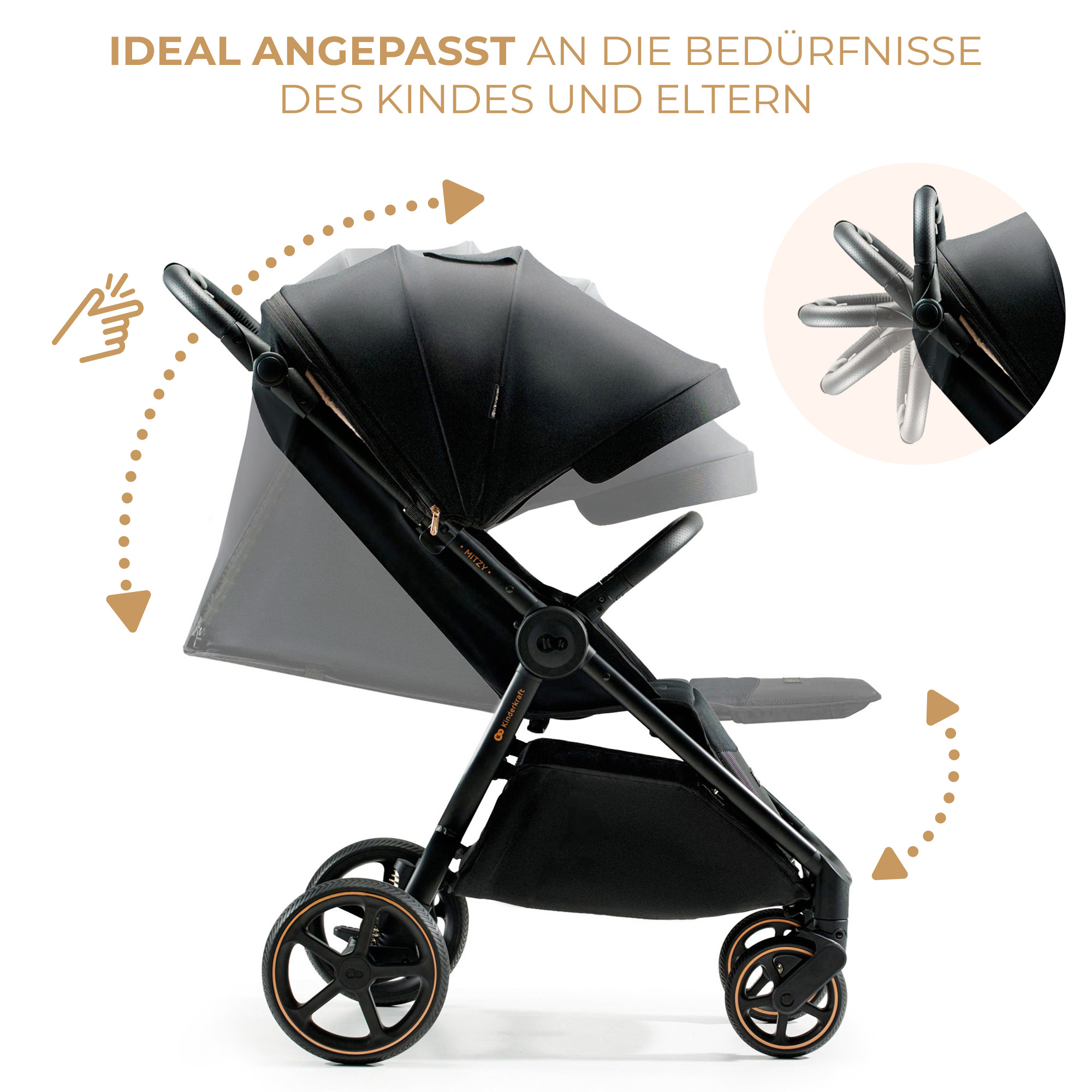 Schwarzer Kinderwagen mit verstellbarer Rückenlehne und Sonnendach.