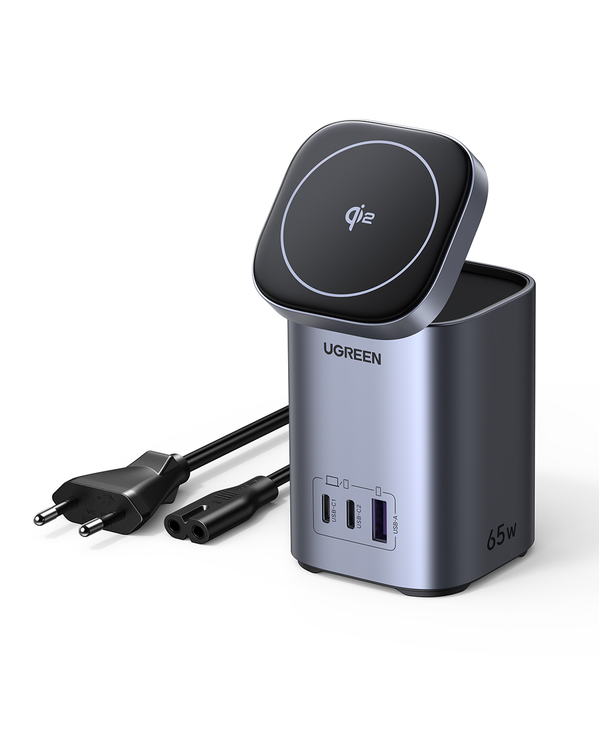 Caricatore UGREEN grigio con pad Qi, 2x USB-C, 1x USB-A, 65W.
