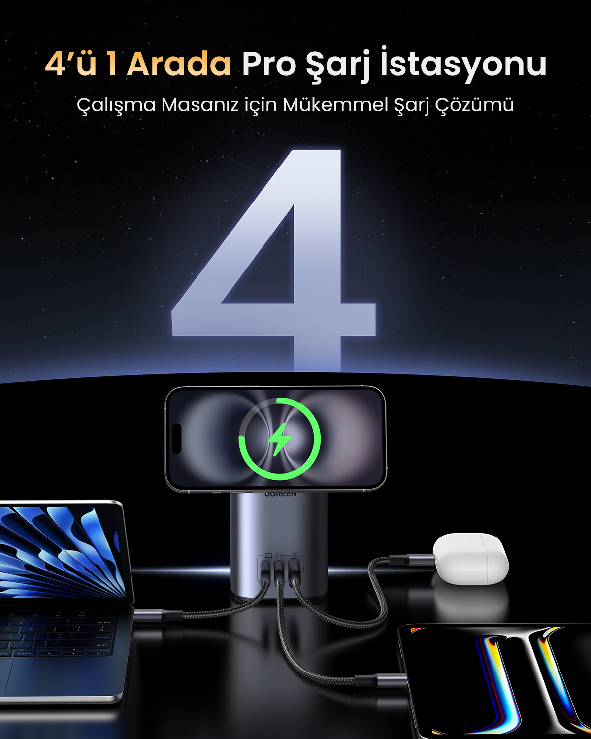 Un hub di ricarica con laptop, iPhone e AirPods, carica quattro dispositivi.