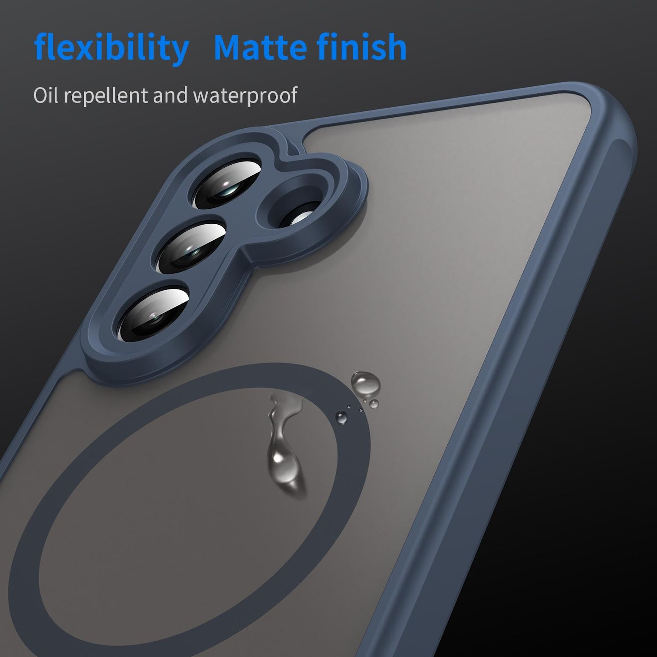 Blaue Handyhülle mit mattem Finish, die Wassertropfen auf ihrer Oberfläche zeigt.