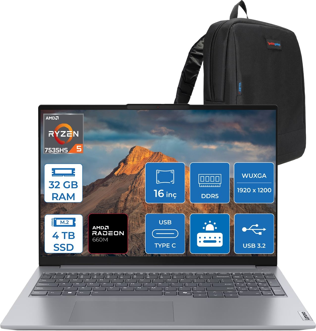 LENOVO Thinkbook 16 G7 Wuxga IPS 21MW000PTRF12 AMD Ryzen 5 7535HS 32 GB RAM 4 TB SSD 16 inç FreeDOS Laptop+Çanta Gri
