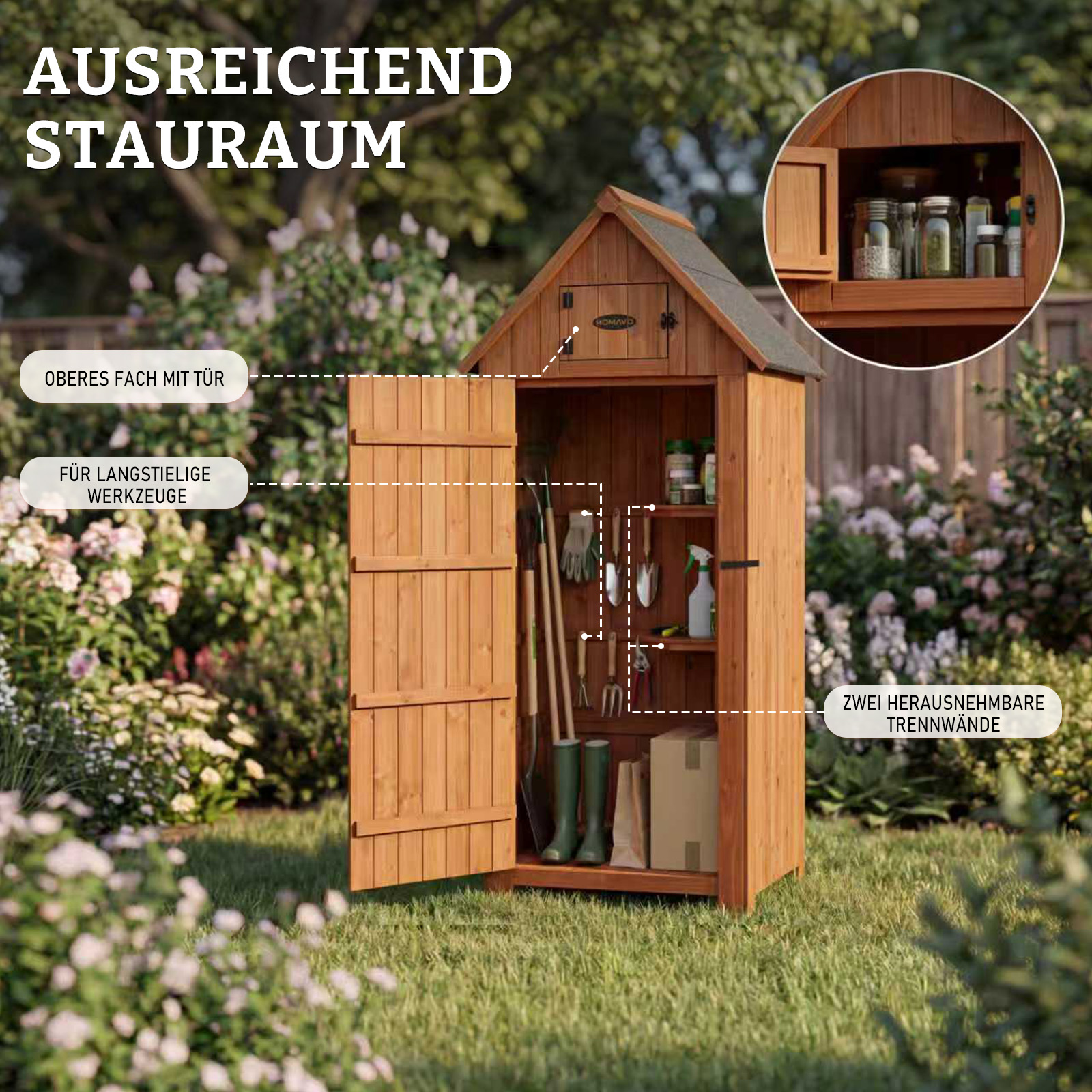 Holzgartenhaus mit offenen Türen, gefüllt mit Gartengeräten und Vorräten.