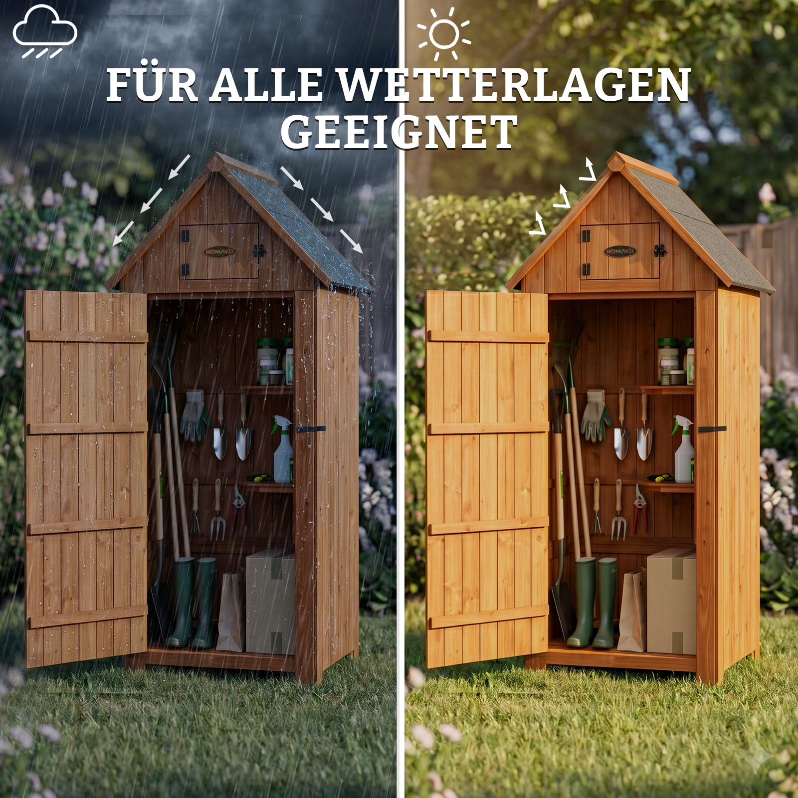 Holzschuppen mit offenen Türen, gefüllt mit Gartengeräten, bei Regen und Sonnenschein.