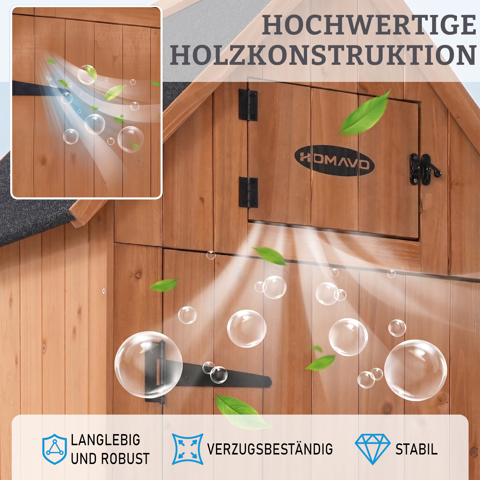 Holzhaus mit Belüftungseffekt, Blättern und Blasen.