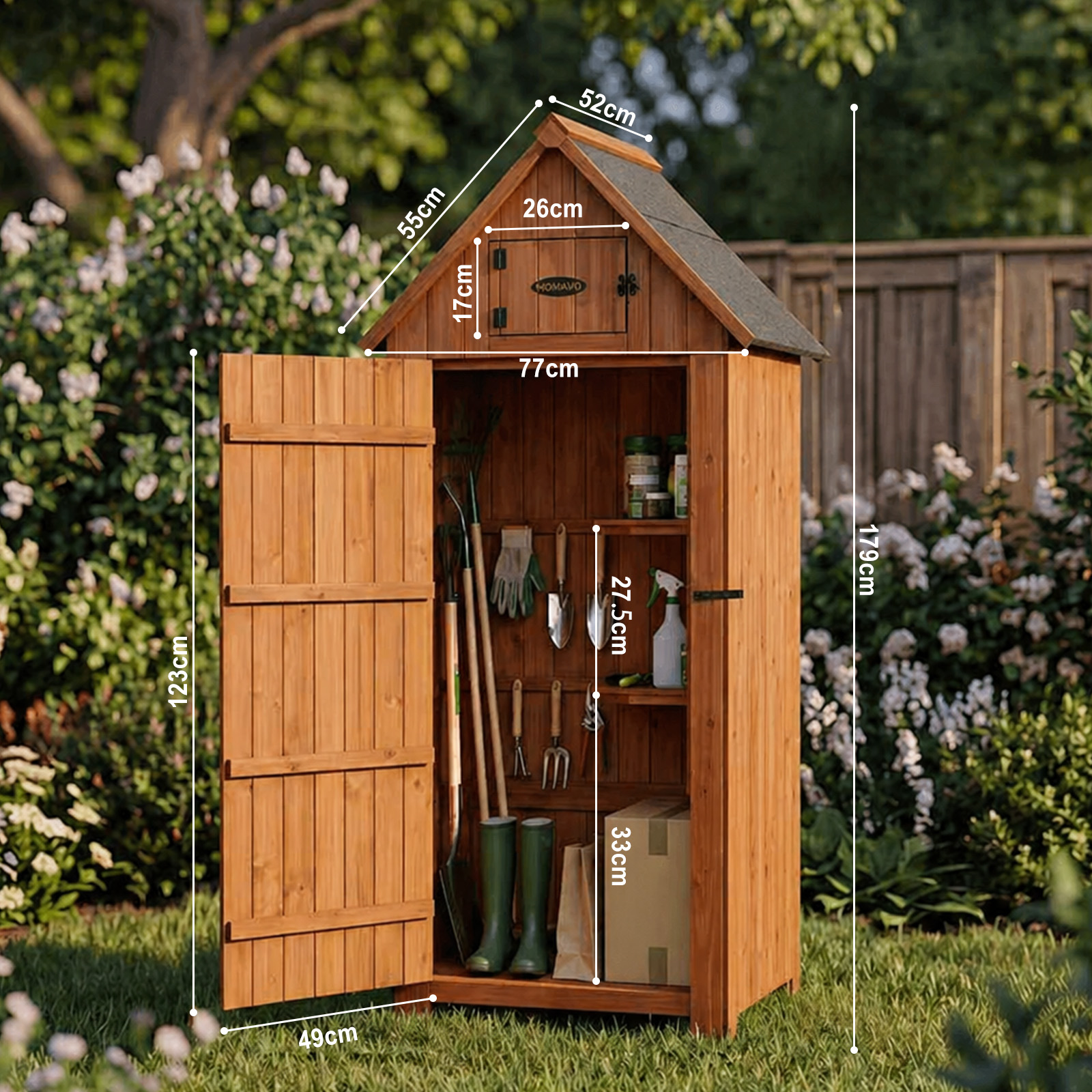 Ein hölzerner Gartenschrank mit offenen Türen, Werkzeugen und Pflanzen.