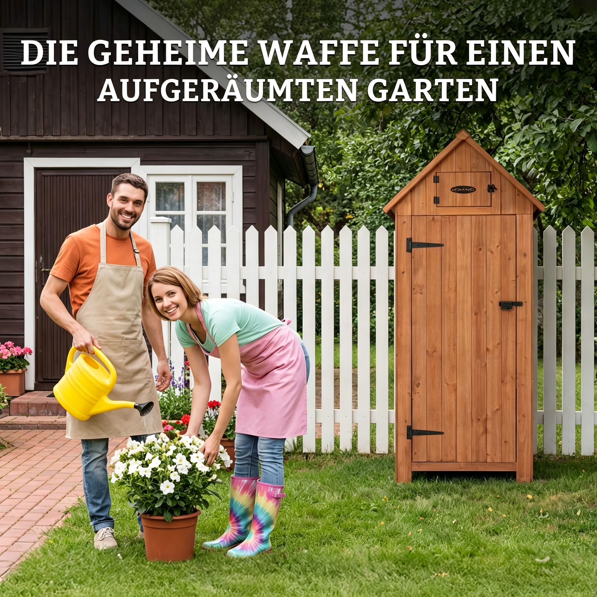Ein Mann gießt Blumen, eine Frau hilft. Ein Holzschuppen steht daneben.