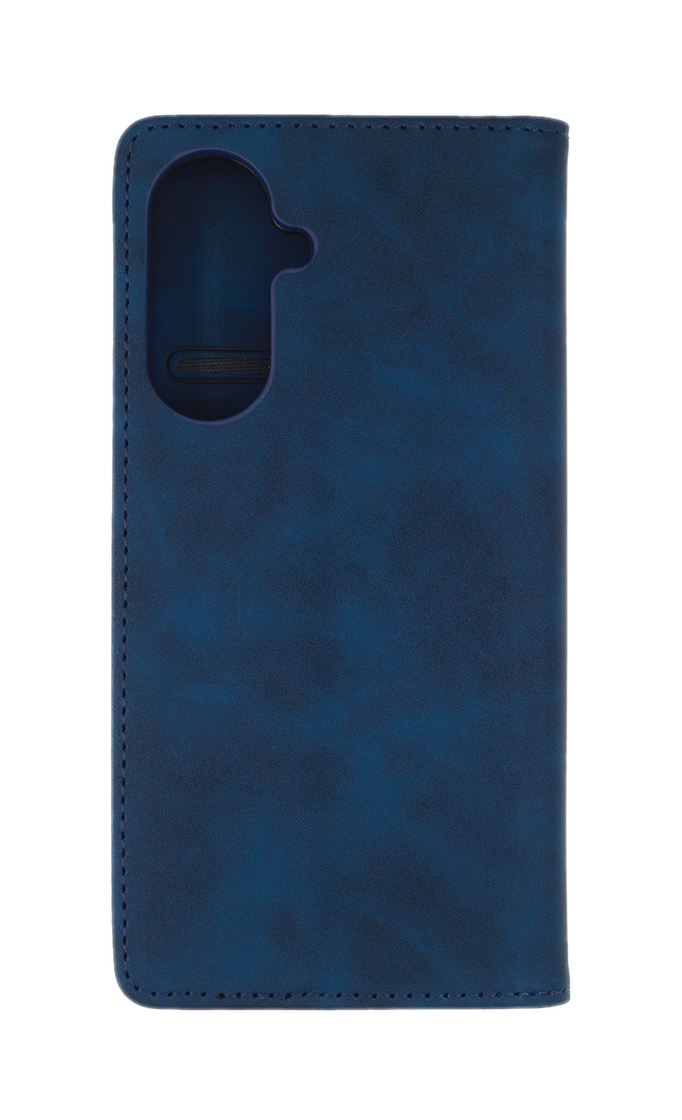 Dunkelblaue Handyhülle aus Leder mit Aussparung für Kamera.