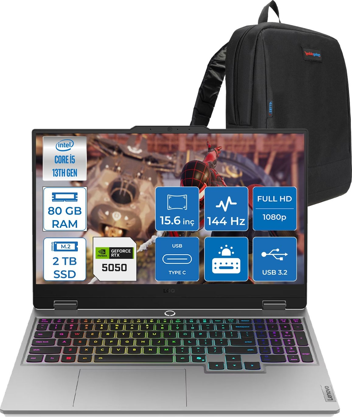 Intel Core i5, 80GB RAM, 2TB SSD, RTX 5050 özellikli laptop ve sırt çantası.