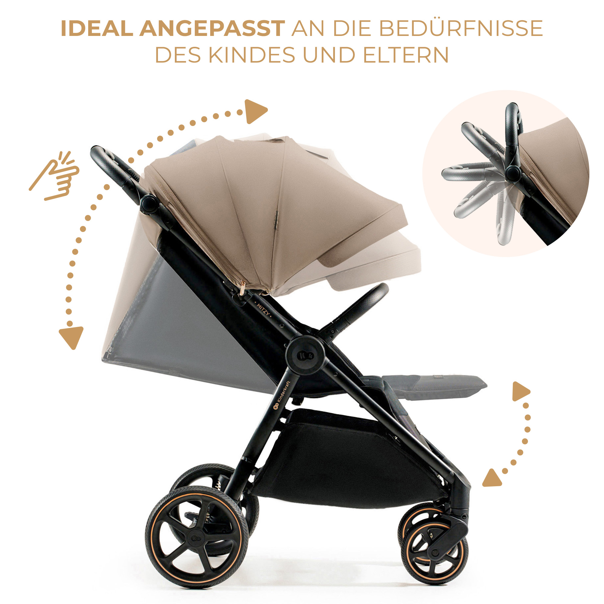 Ein beiger Kinderwagen mit schwarzem Rahmen und Rädern. Verstellbarer Griff und Verdeck.