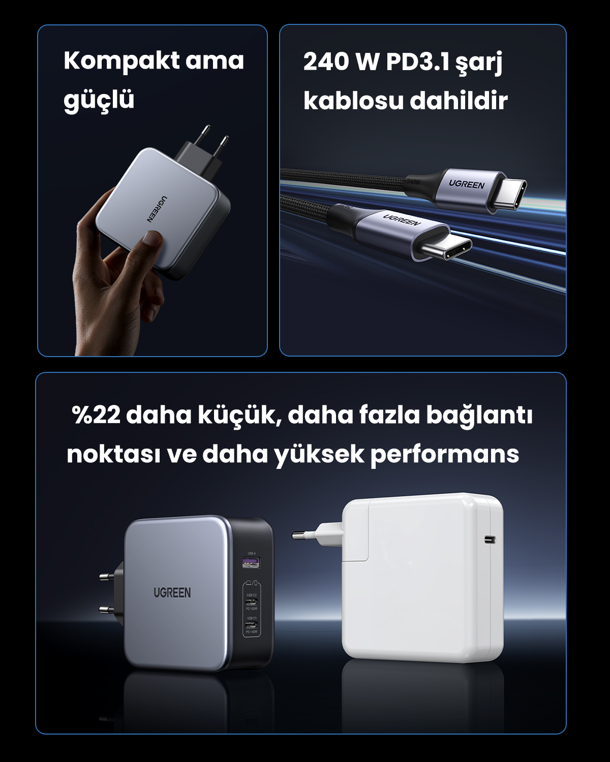 Gümüş bir şarj cihazı tutuluyor; iki USB-C kablosu; iki şarj cihazı karşılaştırması.