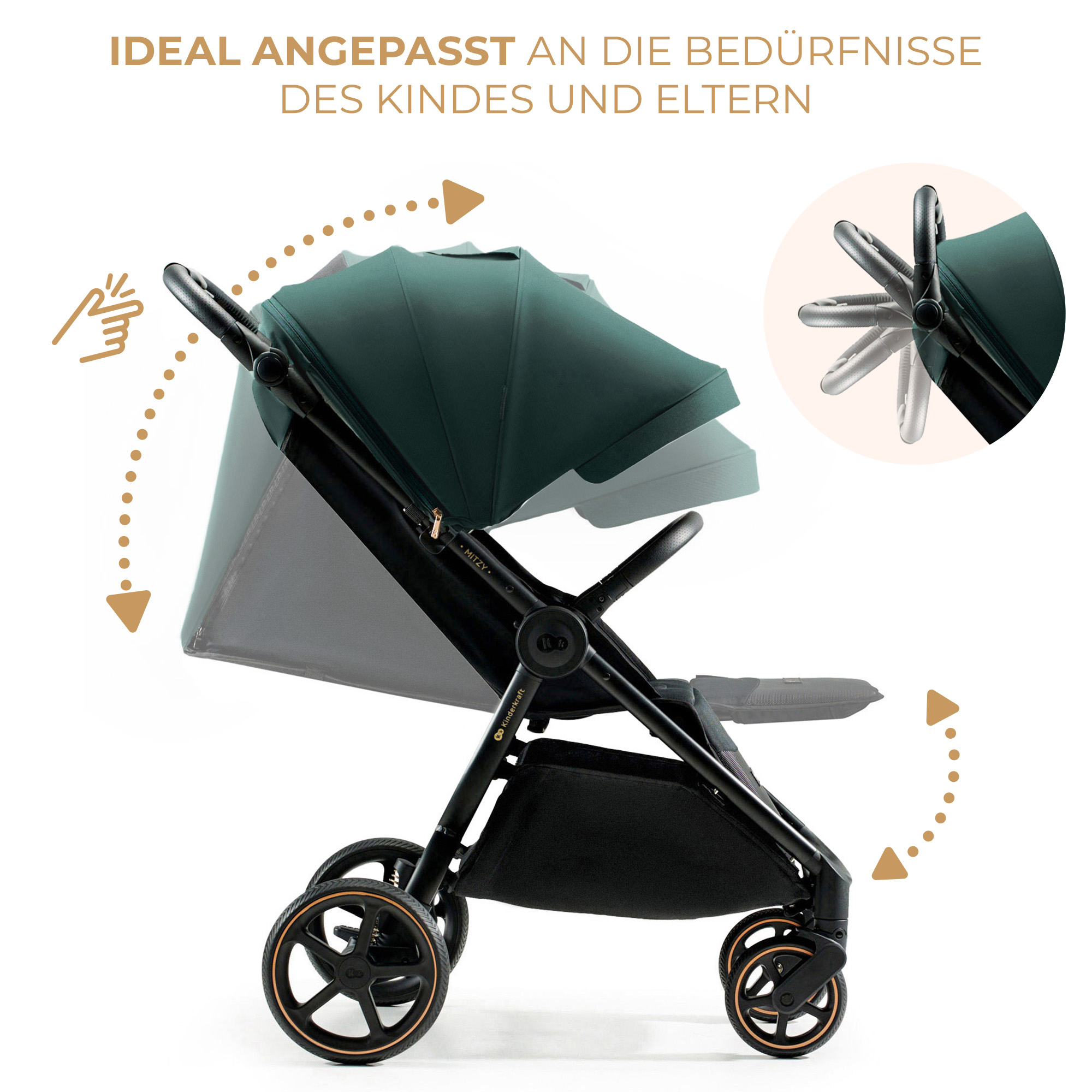 Ein grüner Kinderwagen mit schwarzem Rahmen und Rädern, der die Verstellbarkeit zeigt.