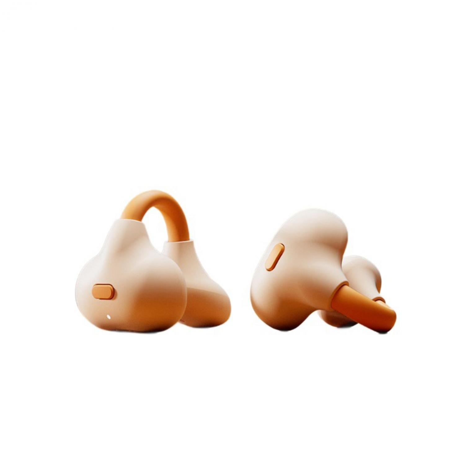 Zwei beige Ohrhörer mit orangefarbenen Akzenten auf weißem Hintergrund.