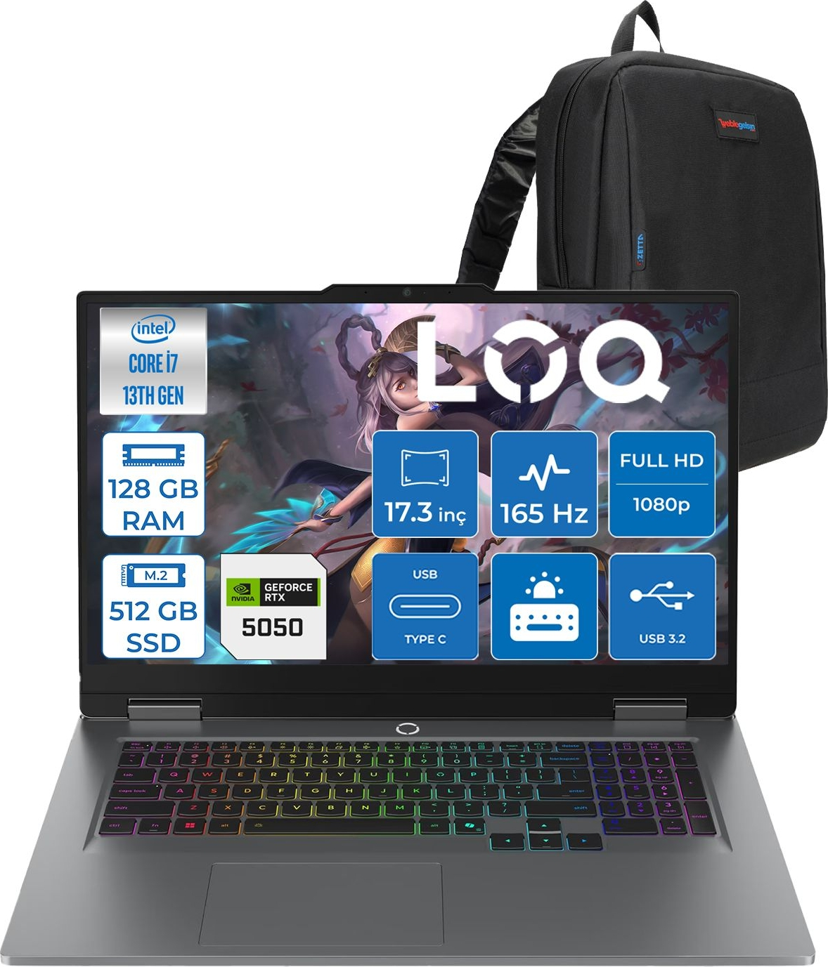 Intel Core i7 işlemcili, 128 GB RAM, 512 GB SSD ve RTX 5050 ekran kartlı açık dizüstü bilgisayar.